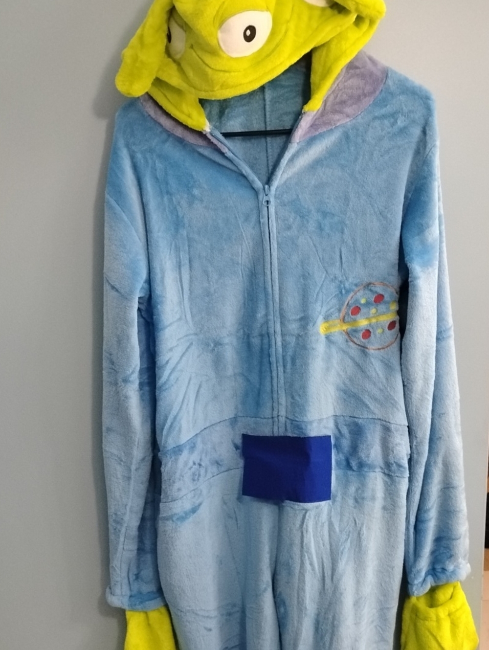 NWOT Adult Plush Blue Onesie with Bright Neon Green Hood Size Small